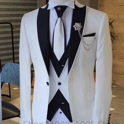 Men's Solid Slim Fit 3-Piece Business Suit Set with Blazer Vest And Pants for Wedding Party Luxury Fashion Tuxedo