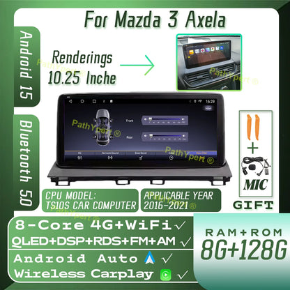 8 Core 8G+256GB Android 15 For Mazda 3 Axela 2016-2021 10.25"Touch Screen 2DIN Smart Car System Stereo BT WIFI Carplay AutoRadio