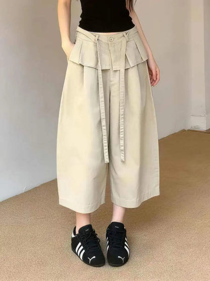 Summer New Korean Style Khaki Design Casual Pants Women plus Size Loose Slimming Nine Points Trousers High Waist Straight Leg