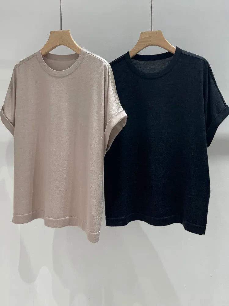 2026 Summer Women's Wool Crew Neck Knit Sweater Short Sleeve Slim Fit Pants Knit Set