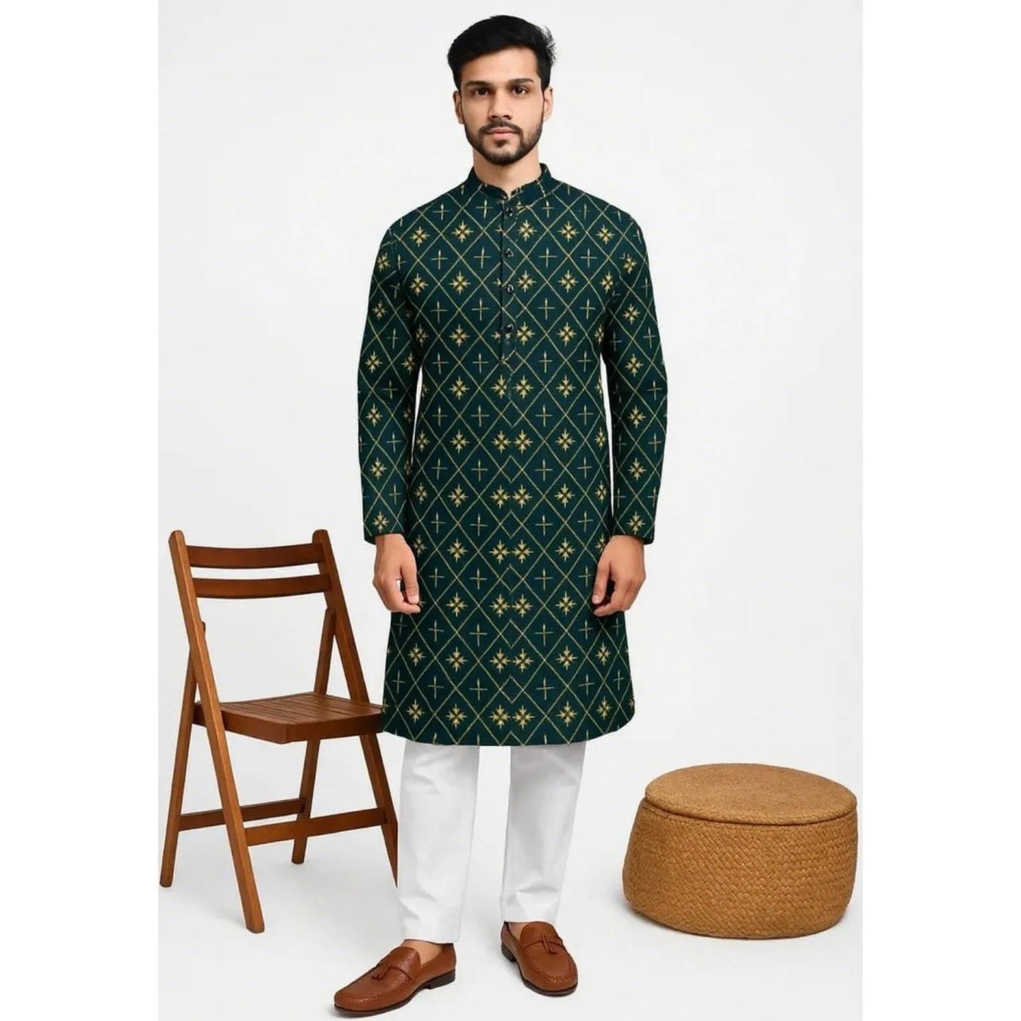 Men Digital Printed Kurta Shirt Regular Fit Mandarin Collar Long Suitable All Occasions Such Wedding Hari Raya National style