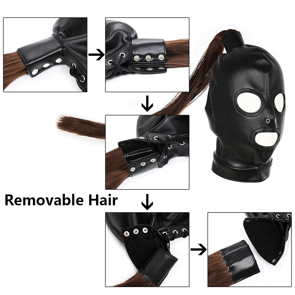 Professional Pony Play Mask with Hair Ponytail BDSM Bondage Hood Shoulder Harness Set Slave Role Play Fetish Gear Adult Toy