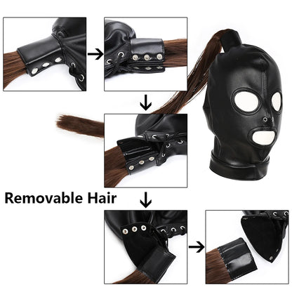 Professional Pony Play Mask with Hair Ponytail BDSM Bondage Hood Shoulder Harness Set Slave Role Play Fetish Gear Adult Toy