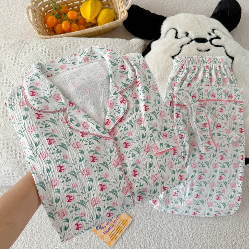 Girls Stripe Sleepwear Women's  Knot Star Long Sleeve Long Pants Korean Style Sweet Crepe Home Clothes Set
