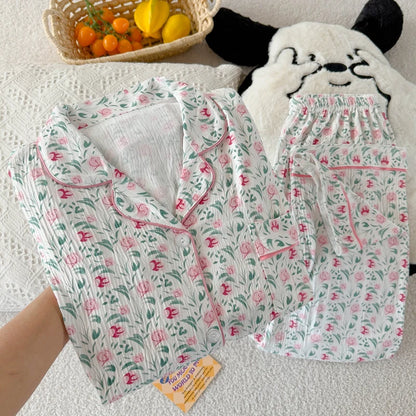 Girls Stripe Sleepwear Women's  Knot Star Long Sleeve Long Pants Korean Style Sweet Crepe Home Clothes Set