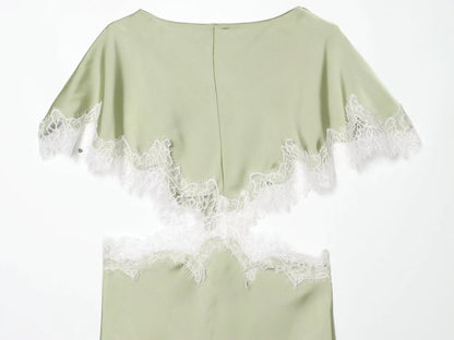New Women Sexy Cut Out Dresses Solid Lace Spliced Short Cape Sleeve Asymmetric Midi Dresses Summer Ladies Elegant Party Dress
