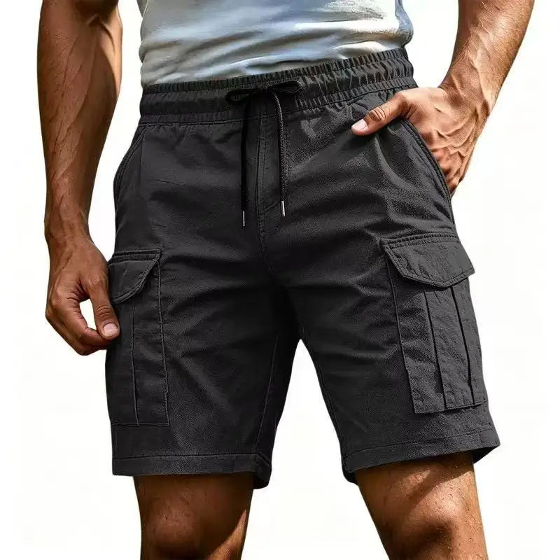Men Solid Color Drawstring Cargo Shorts Elastic Waist Multi Pocket Loose Casual Summer Beach Short Pants