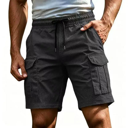 Men Solid Color Drawstring Cargo Shorts Elastic Waist Multi Pocket Loose Casual Summer Beach Short Pants