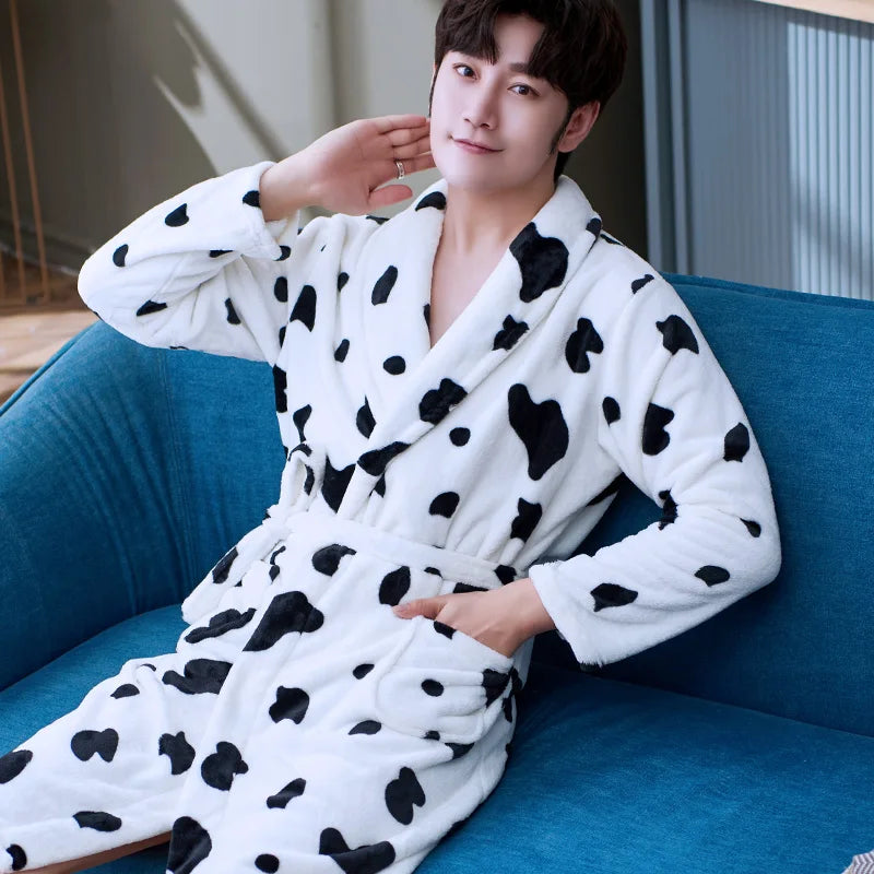 Thiened Coral Fce Men's Batobe Winter Pyjamas Flannel Robe Large Size Morning Robe Fce Home Clothes Polyester Fiber