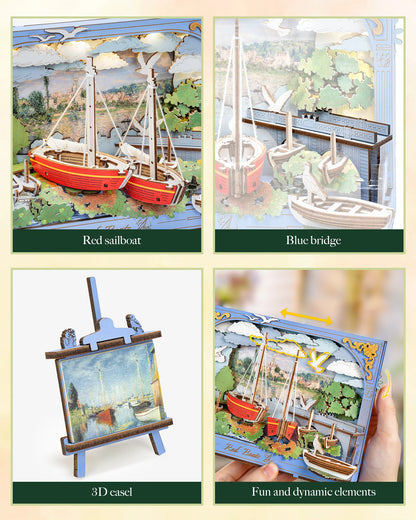 Rolife Red Boats Wooden 3D Puzzle 219 PCS DIY Wall Art Building Model Kit with LED Light for Home Decor Desktop Decor Wall Decor Gift for Adults Kids Friends