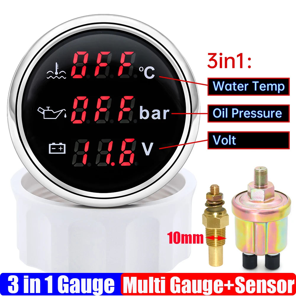 3 In 1 Digital 52mm Gauge with Alarm 0~120℃ Water Temperature Gauge+Oil Pressure+Voltage with Oil Press/Water Temp Sensor Custom