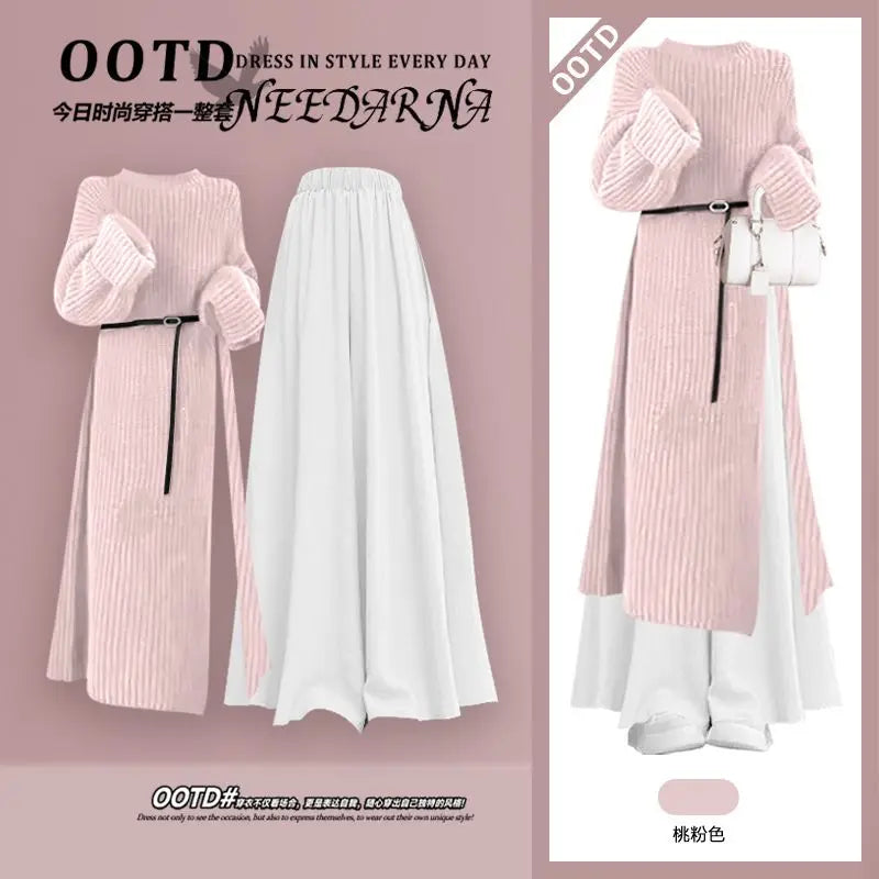 Fall Fashion High Waist Knitted Sweater Long Skirt Wide Leg Pants Two Piece Set Elegant Sweet Style plus Size Women's Suit