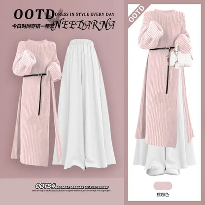 Fall Fashion High Waist Knitted Sweater Long Skirt Wide Leg Pants Two Piece Set Elegant Sweet Style plus Size Women's Suit