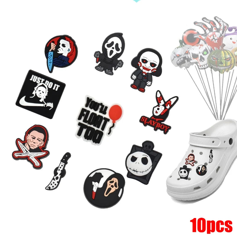6-100pcs Halloween Black and White Classic PVC Shoes Charm Alligator Charm Accessories Fit Bracelet Boys Girl Xmas party gifts