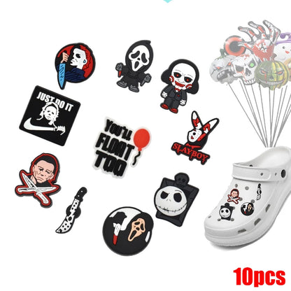 6-100pcs Halloween Black and White Classic PVC Shoes Charm Alligator Charm Accessories Fit Bracelet Boys Girl Xmas party gifts