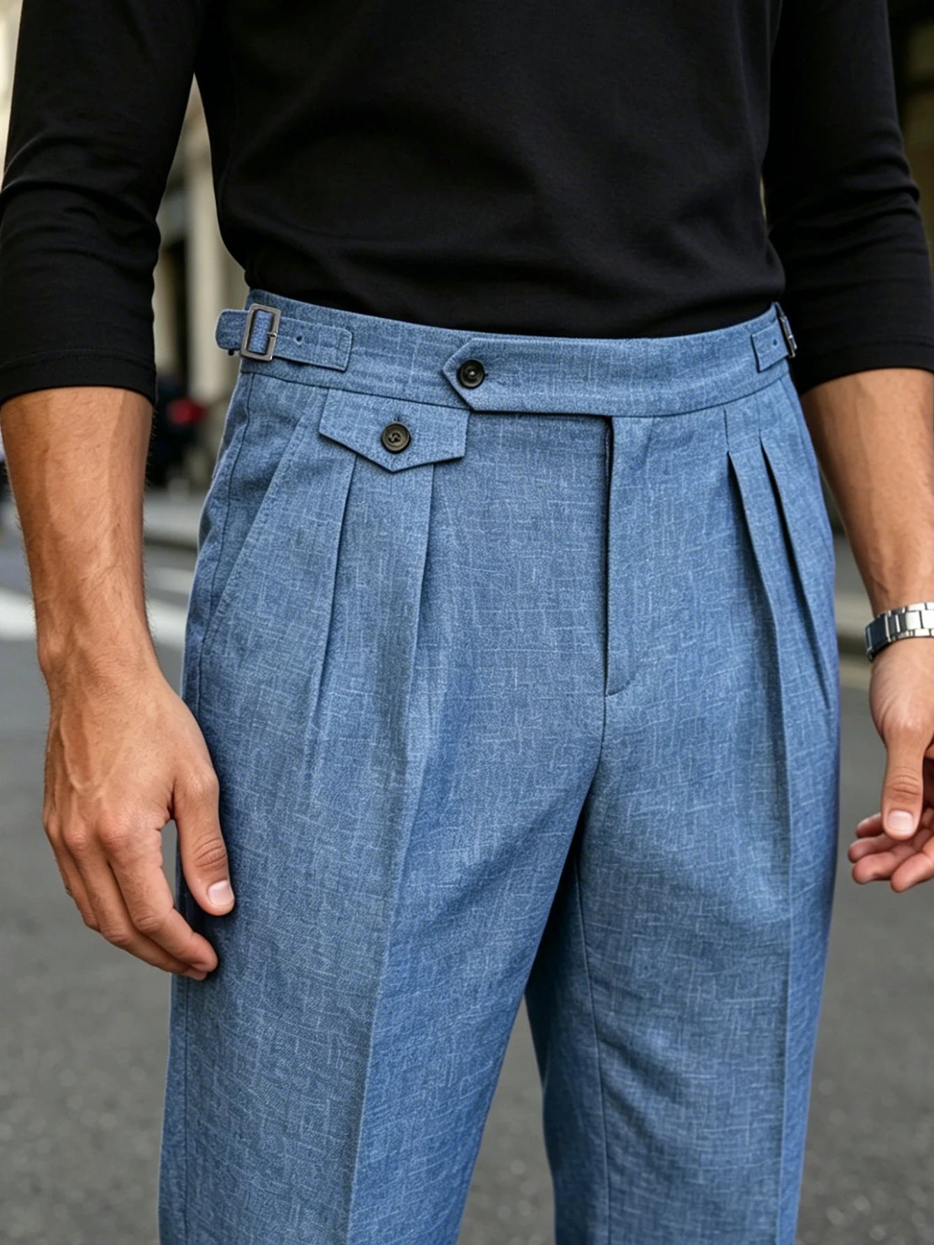 2026 SS Men's Italian Neapolitan Suit Trousers,Woven Double Pleat Pocket Button High Waist Straight Leg Business Casual Pants