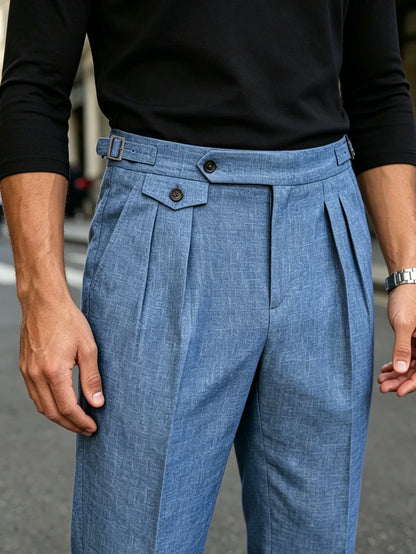 2026 SS Men's Italian Neapolitan Suit Trousers,Woven Double Pleat Pocket Button High Waist Straight Leg Business Casual Pants