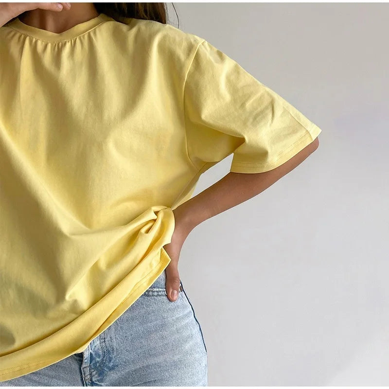 Simple White Oversize T-shirts For Women Cotton Summer Green T Shirts Women Short Sleeve Loose Blue T Shirt Women Yellow Top Tee