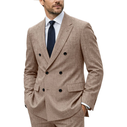 Men's Linen Suit Set  Double Breasted Slim Fit Peak Lapel Formal Blazer Pants Breathable Business Wedding Groom Tuxedo