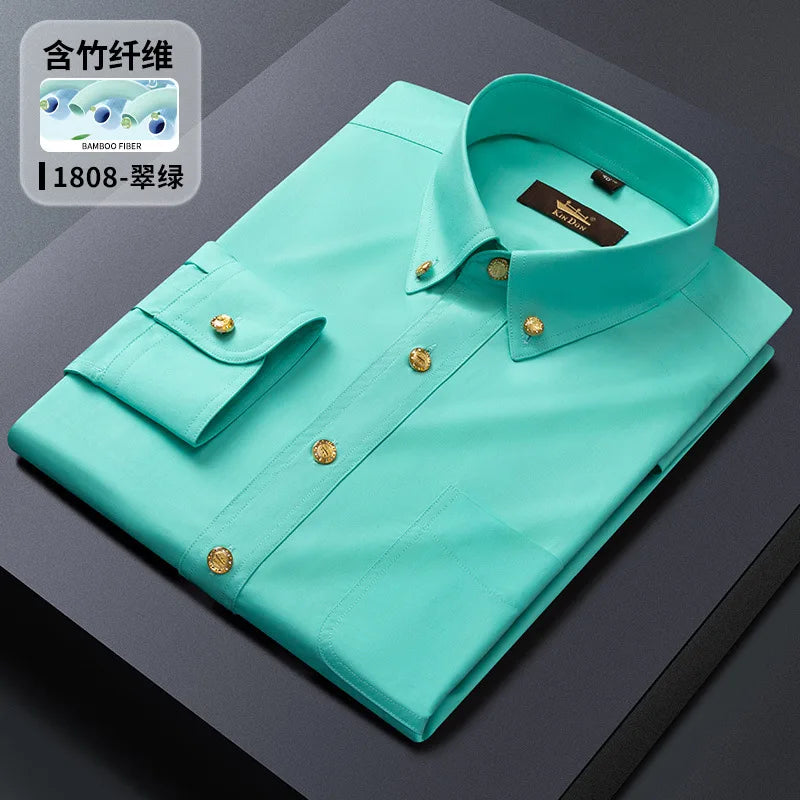 2024 Spring New Men's Long Sleeve Business Slim-fit Copper Buckle Bamboo Fiber Shirt 11colors Free Ironing Office's Work Top