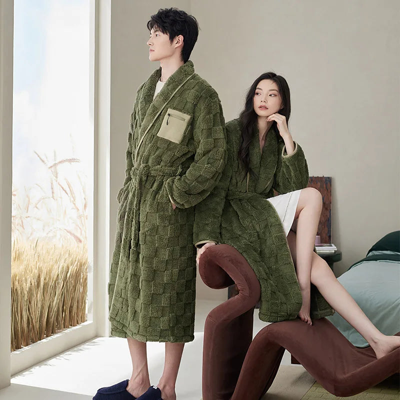 Winter Flannel Couple Long Sleepwear Robes Thick Terry Robe Female Long Sleeve Kimono Warm Bathrobe Home Wear Peignoir Men Robe