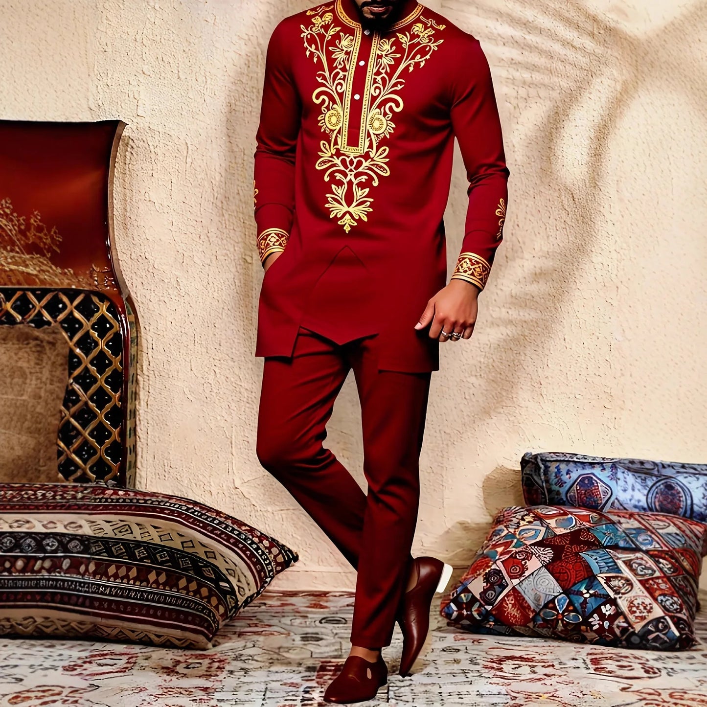 Fashionable Ethnic Embroidered Long Sleeve Long Pants Suit for Men New 2026 Style Summer Season round Neck Single Button Closure