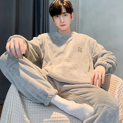 Men's Warm Coral Fleece Pajamas Winter Set Spring Autumn Winter Style Oversize Loose Fit Home Clothes Teenager Comfortable Sl...