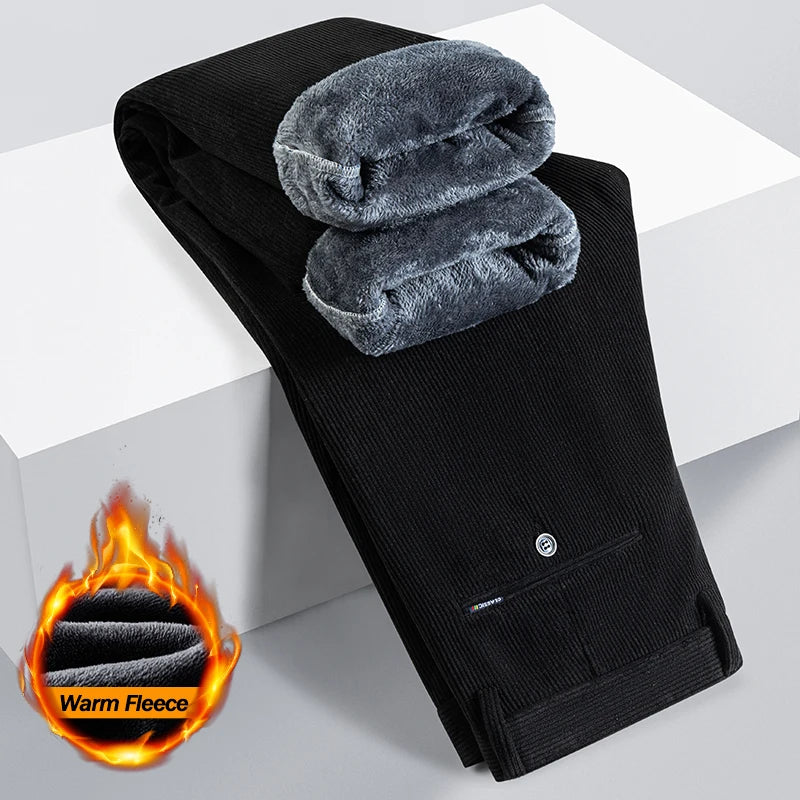 Winter Fleece Warm Corduroy Pants Men's Brown Classic Loose Business Straight Casual Trousers Thicken Warm Plush Velvet Clothes