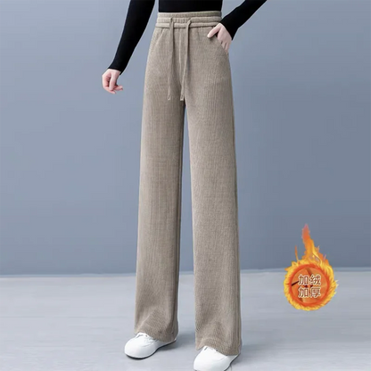 Thickened Fleece Wide Leg Pants Women's Casual Straight Cut Trousers Autumn Winter New Style High Waist Cotton Elastic Waist