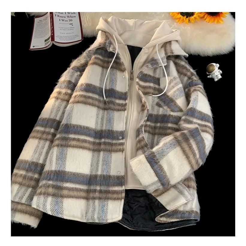 American Fake Two Piece Checker Coat Men's Autumn and Winter New China-Chic Warm Retro Woolen Hoodie