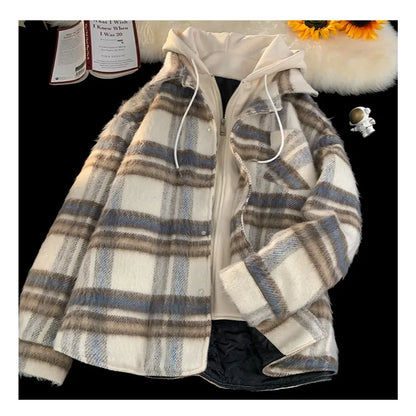 American Fake Two Piece Checker Coat Men's Autumn and Winter New China-Chic Warm Retro Woolen Hoodie