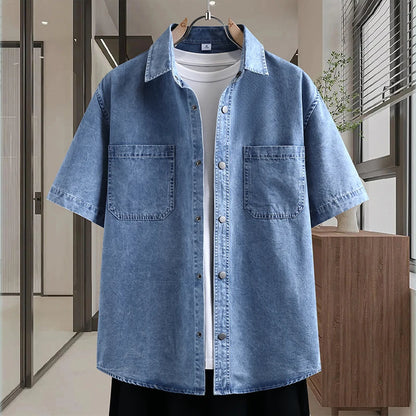 Men's Thin Denim Shirt New Summer Fashion Breathable Cotton Blend Casual Short Sleeve Shirt Solid Color Daily Commute Streetwear