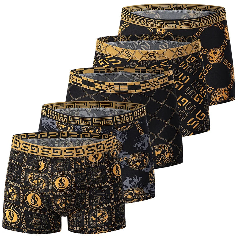 4 Pieces /10 Pieces Men's Black Gold Printed Boxer Underwear Comfortable And Versatile Plus Size Sexy Young Men's Casual Shorts