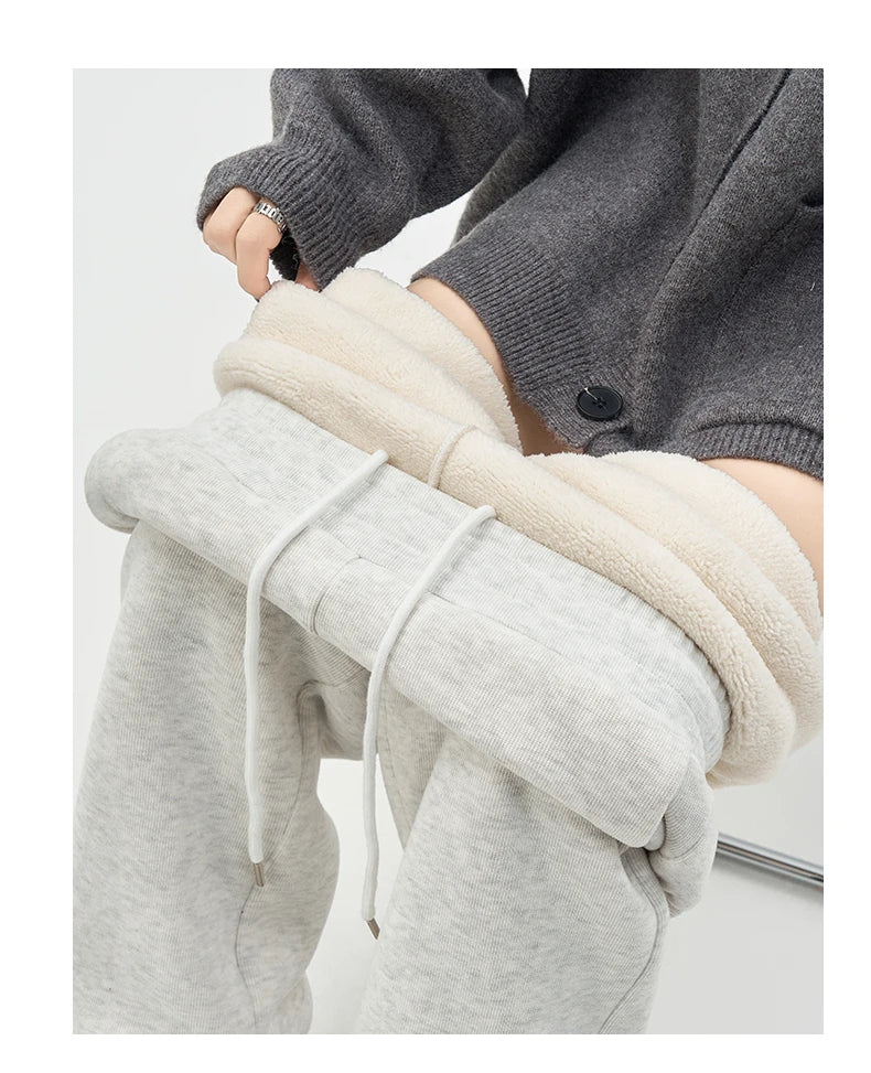 Gray Lamb Velvet Sport Pants Women's High Waist Drapey Fleece Wide Leg Casual Small Size Thickened Cotton Pants