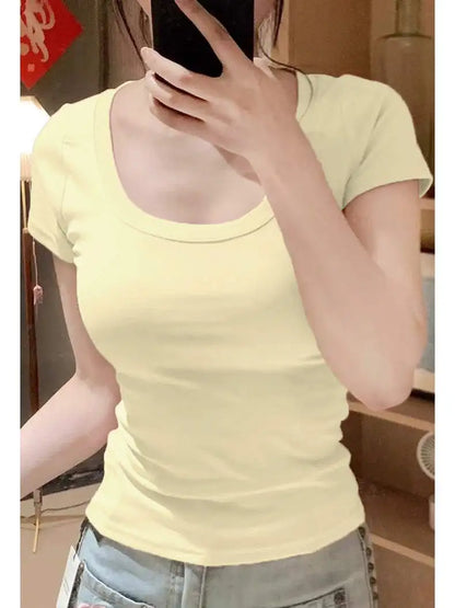 American Retro Shoulder U-neck  Color Short Sleeve T-shirt Women Summer Slimming Waist Pure Desire Short Hot Girl Top