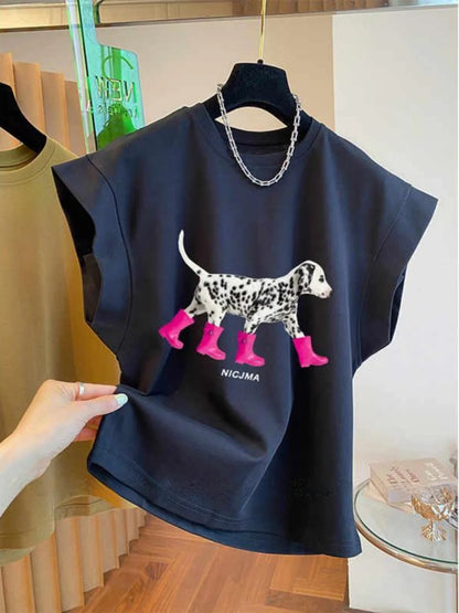 Fashionable Pure Cotton Sleeveless Dog Print Tank Top Women's Summer Design Korean Style Loose Fit Quick Dry round Neck T-Shirt