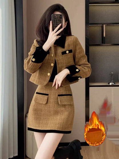 High-End  Style Women's Outerwear Set Autumn Winter New Design High Waist  Skirt Two-Piece Suit Fashionable And Warm