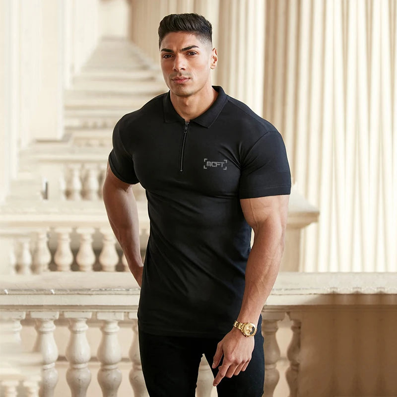 Men Casual Fashion Short Sleeve Slim Fit Zip Collar Cotton Polo Shirts Gym Fitness Summer Breathable Cool Feeling Muscle Shirt