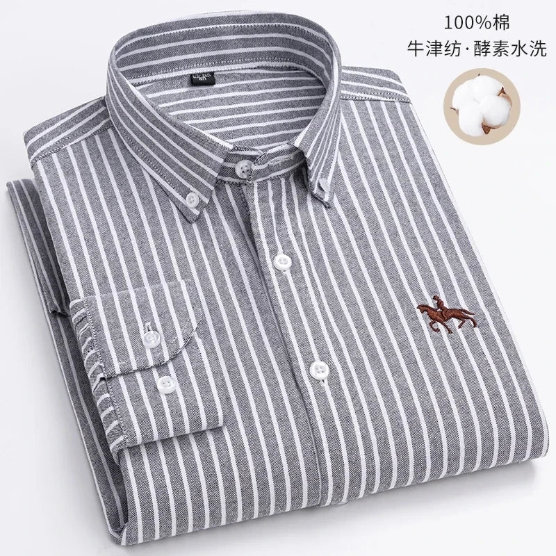 New 100% Cotton Oxford Shirt For Men's Long Sleeve Solid Casual Business Regular-Fit Formal Dress Shirts Social Blouse S-6XL