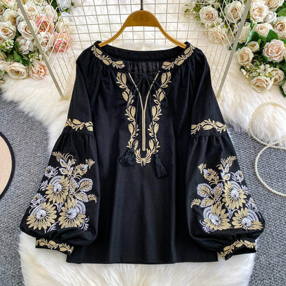 Bohemian Vacation Style Women's Shirt round Neck Lantern Sleeve Embroidery Heavy Work Autumn Design Sense Knot Design Top