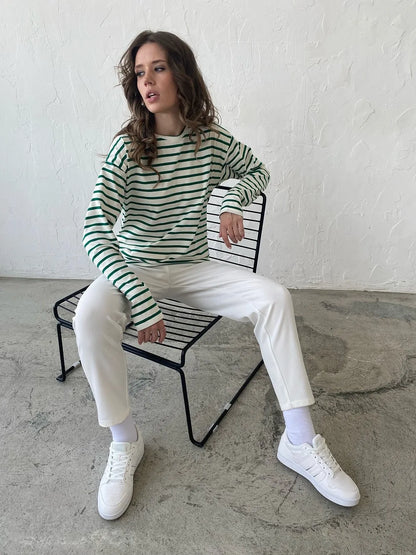 Bornladies 2025 Summer Long Sleeve Striped T-Shirts Women Basic Casual Tops Female Cozy Loose Cotton Tees Harajuku T Shirt New