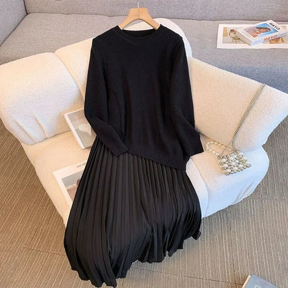 Elegant Long Sleeve Knitted Pleated Dress Autumn New Style plus Size Unique Loose Design Korean Commute Style Women's Dress