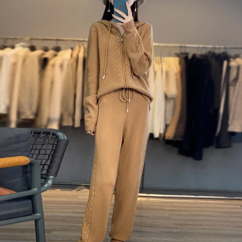 Women's Pure Cashmere Hooded Cardigan 2-Piece Set with Twisted Flower Design Loose Sweater And Wide-Leg Pants Wool Blend