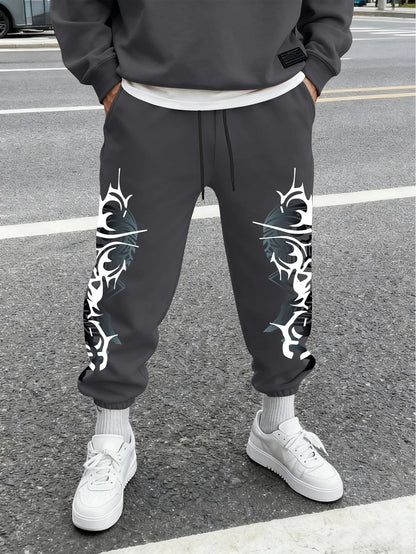 Men's Gothic Double Side Thorn Tribal Abstract Print Sweatpants Elastic Waist Soft Fabric Dark Punk Street Hip Hop Joggers