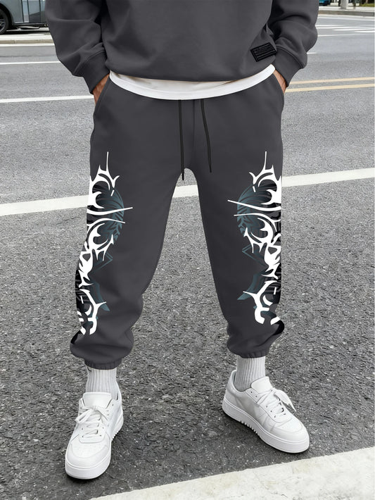 Men's Gothic Double Side Thorn Tribal Abstract Print Sweatpants Elastic Waist Soft Fabric Dark Punk Street Hip Hop Joggers