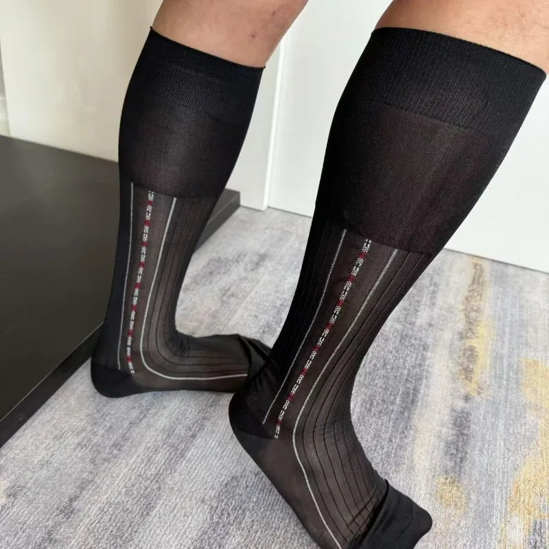 Men's Knee High Formal Socks Long Gentleman Stockings Soft Elastic Nylon Business Dress Socks for All Seasons Solid Color Party