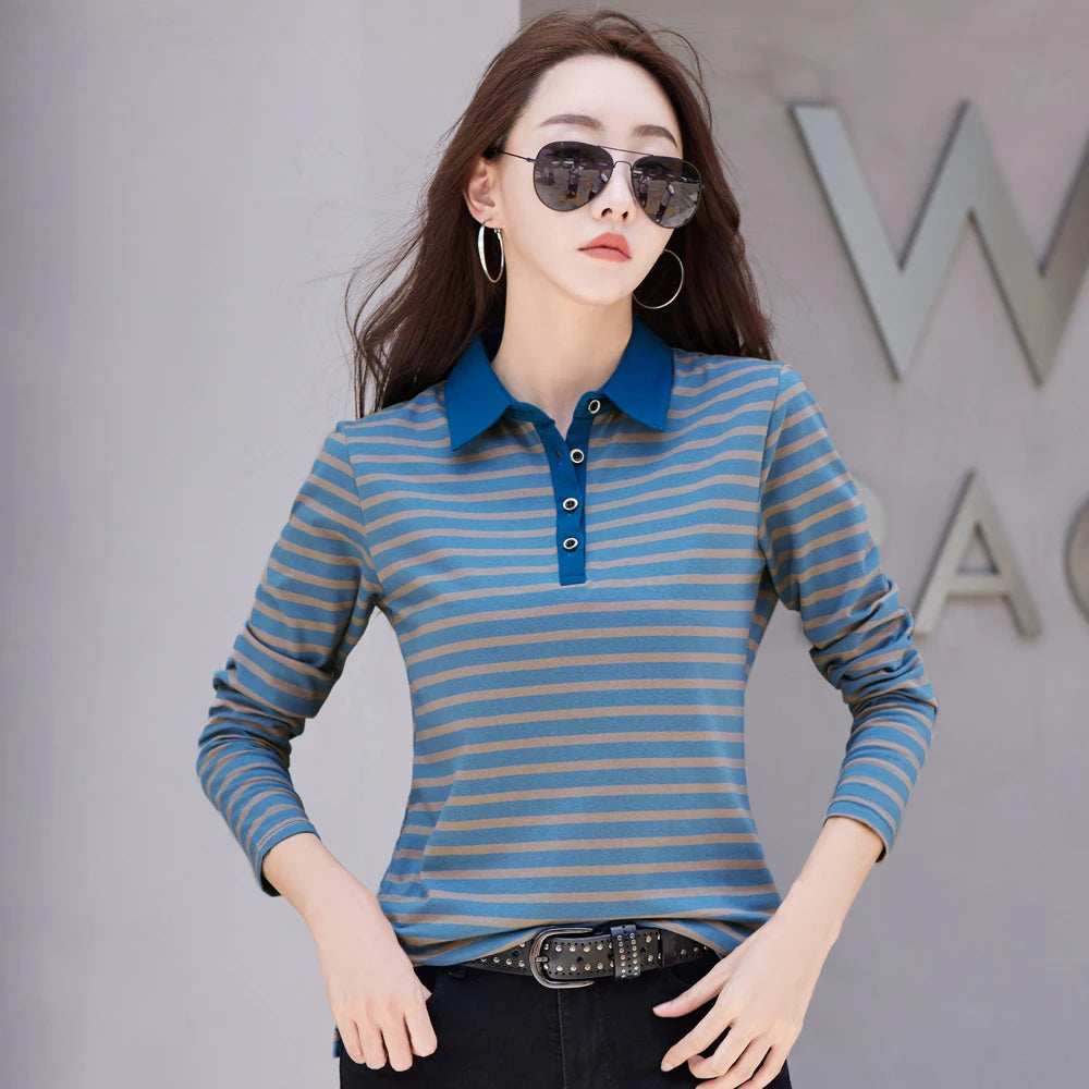 Korean Fashion Long Sleeve  Cotton Polo Shirt Women Stretch Plus Size  Autumn Slim Knitted Polo For Women Striped T shirt