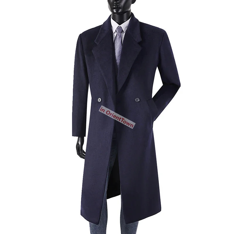 Extra Long British Trench Slim Fit Woolen Coat for 170 kg Men Elongated Handsome Over Knee Windbreaker Black Casual Thick Coat