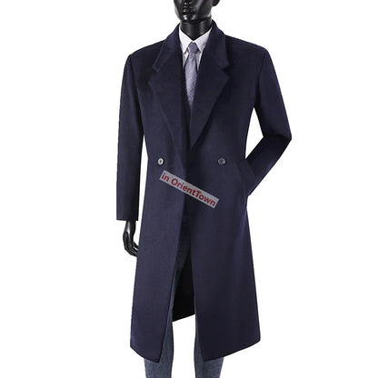 Extra Long British Trench Slim Fit Woolen Coat for 170 kg Men Elongated Handsome Over Knee Windbreaker Black Casual Thick Coat
