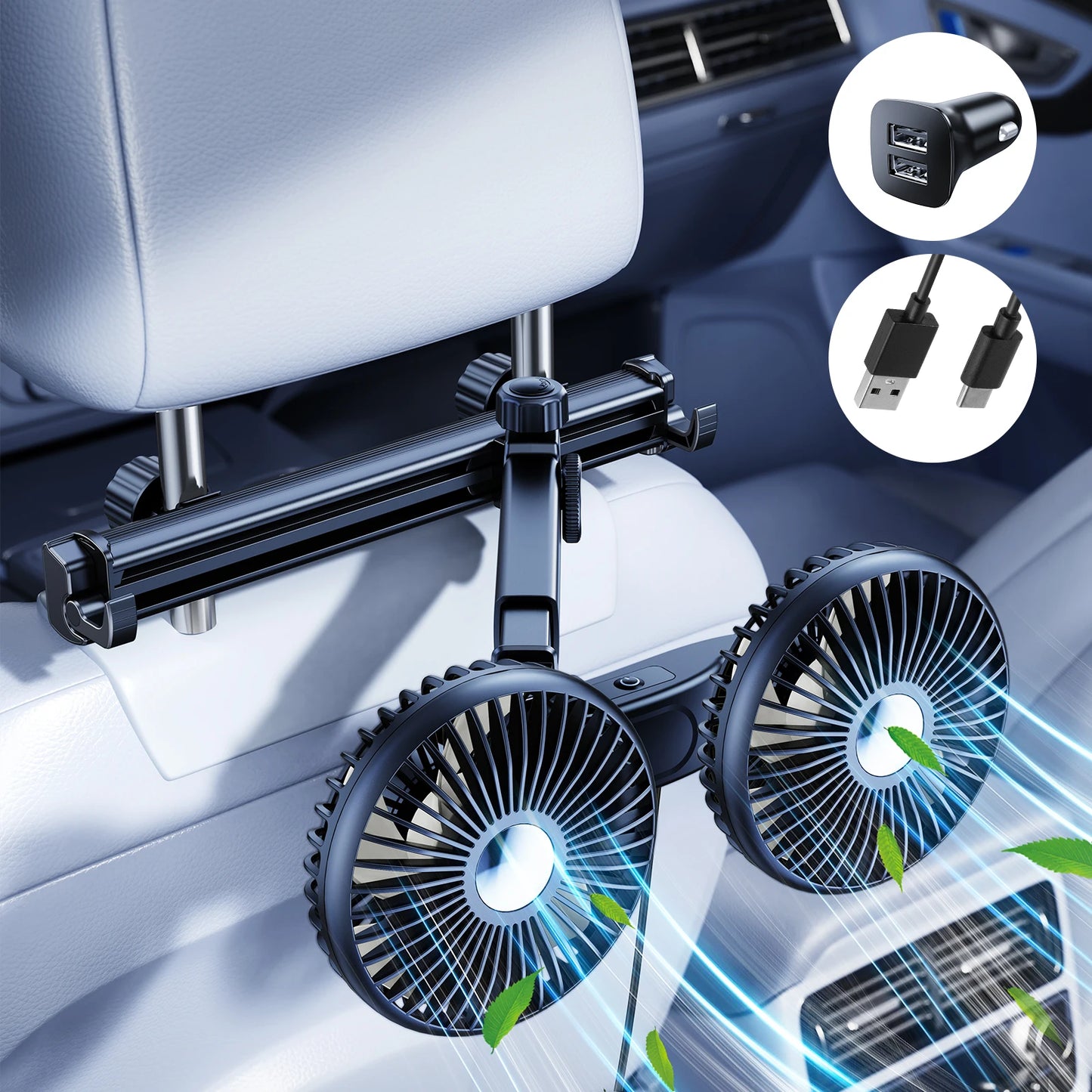 Eary Car Dual Head Fan Mount for Back Seat Headrest Air Cooler Fan With 2 Hooks Long Arm Adjustable 3 Speeds For Truck SUV Sedan